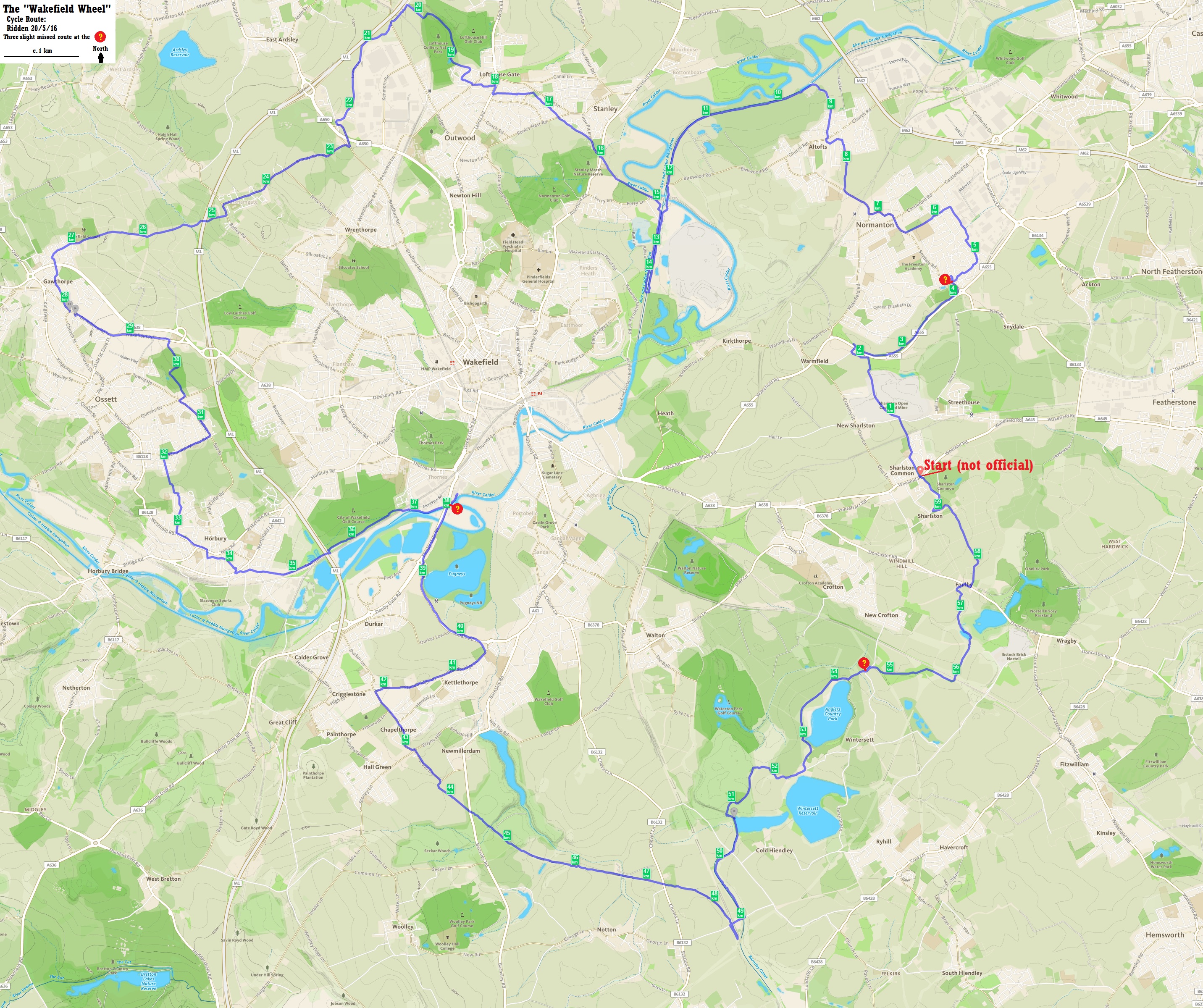 Wakefield Wheel route ridden by by Steve Kidd, May 20th 2016